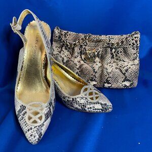 Laura Ashley Women's Snake Skin Slingbacks with Matching Apple Bottoms Purse